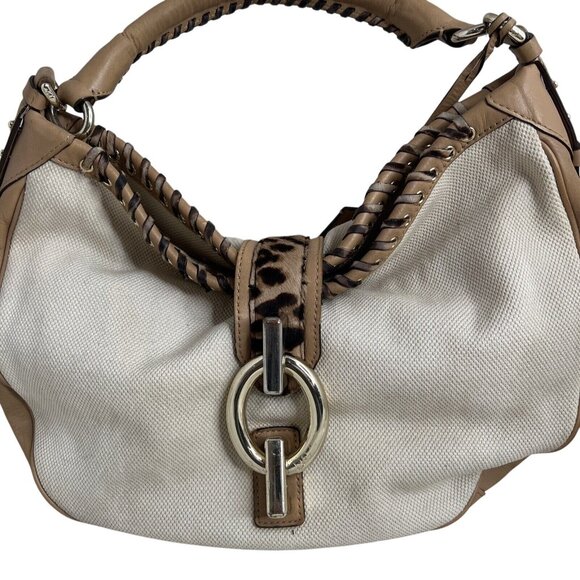 Diane Von Furstenberg Canvas/Leather Leopard Accent Hobo Bag Tan & White - Picture 1 of 16